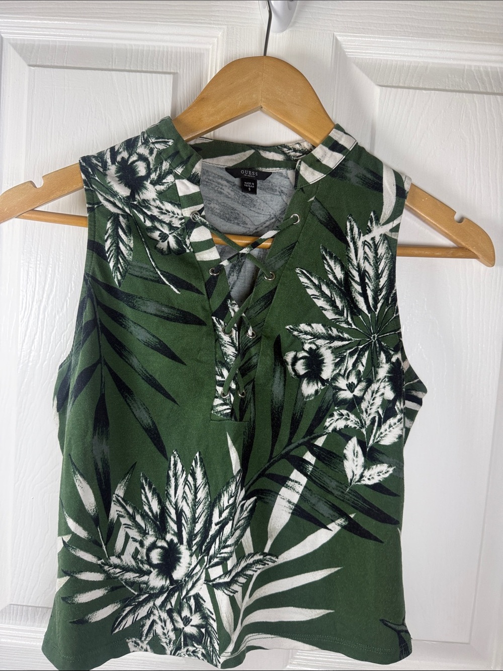 GUESS Olive Green Tropical Lace-Up Tank Top